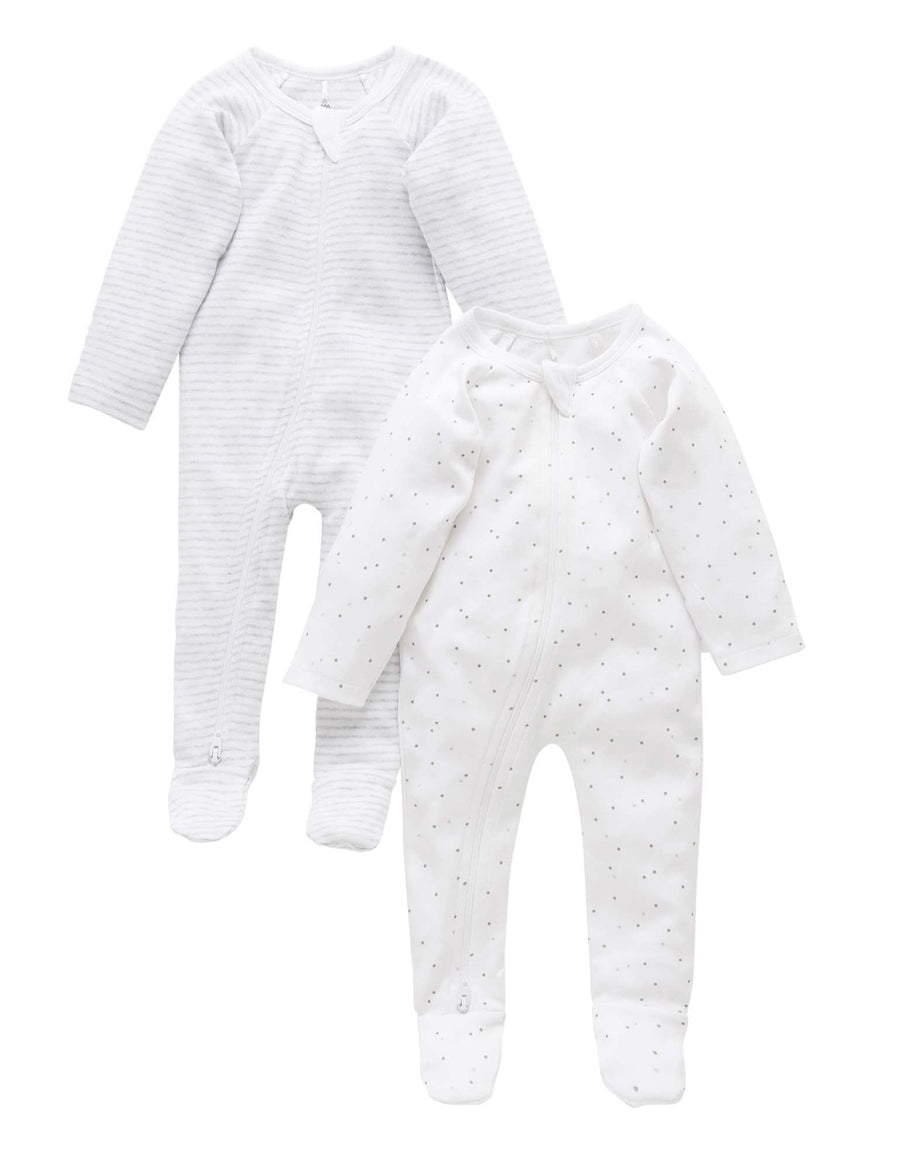 Purebaby 2 Pack Zip Growsuit - Pale Grey Melange Pack, stripe and spot