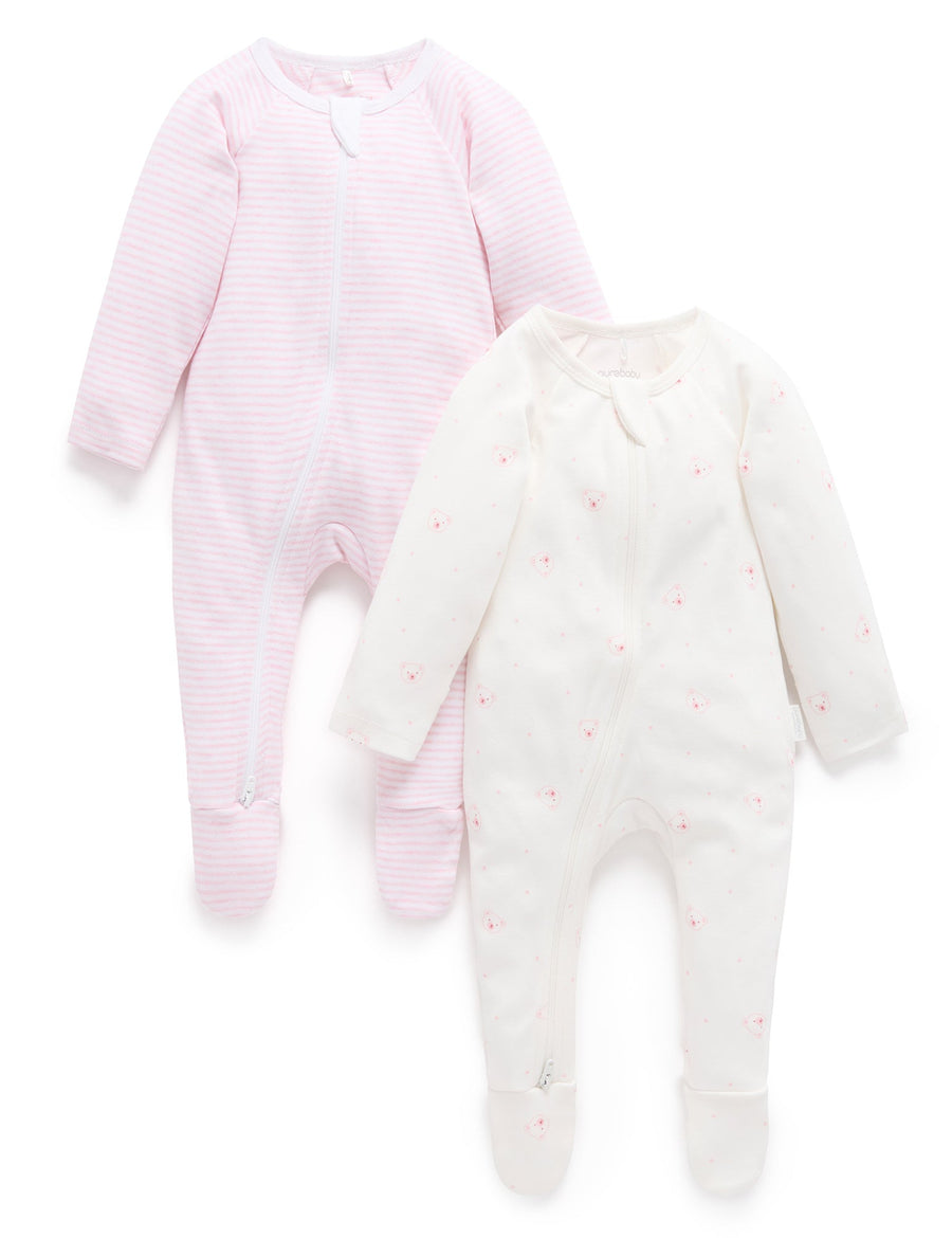 Purebaby 2 Pack Zip Growsuit in Pale Pink Bear Pack - official product photo 1
