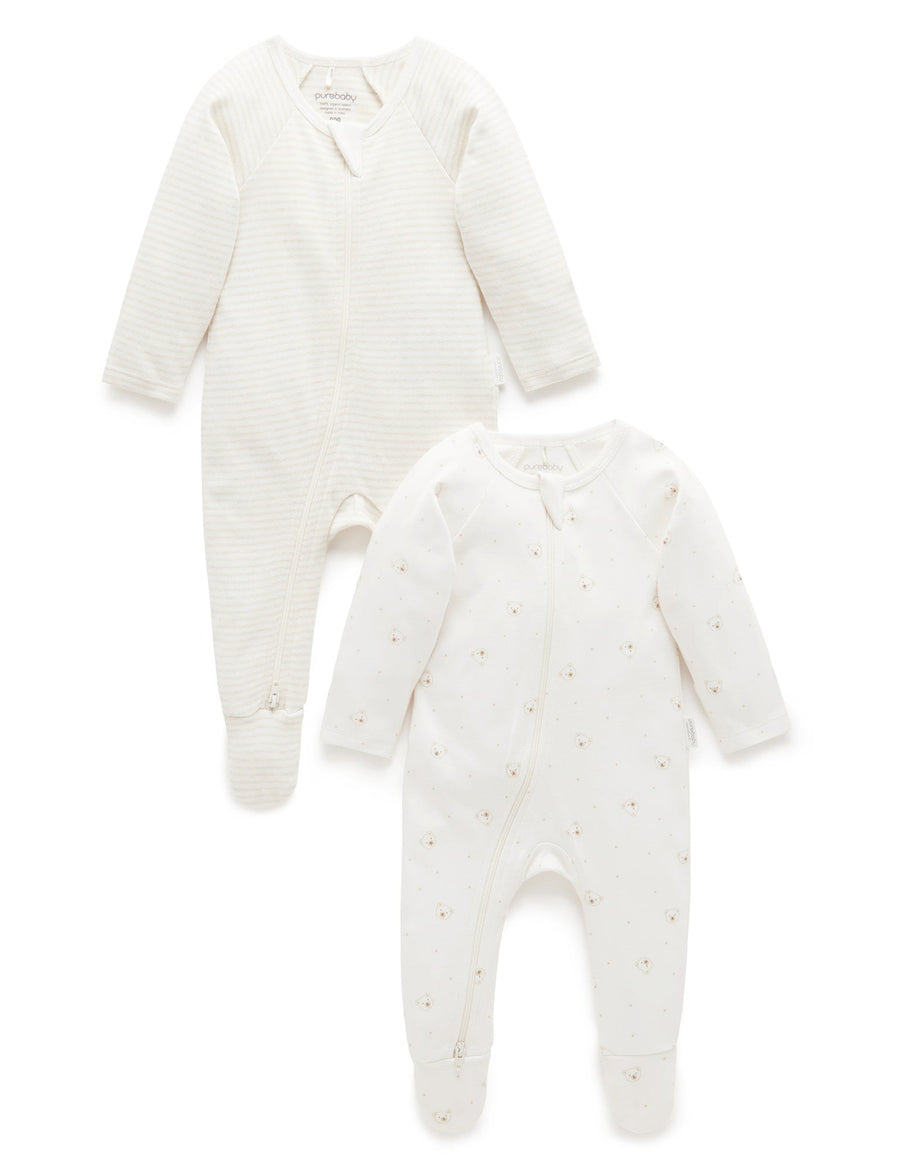Purebaby 2 Pack Zip Growsuit in Vanilla Bear Pack - official product photo 1