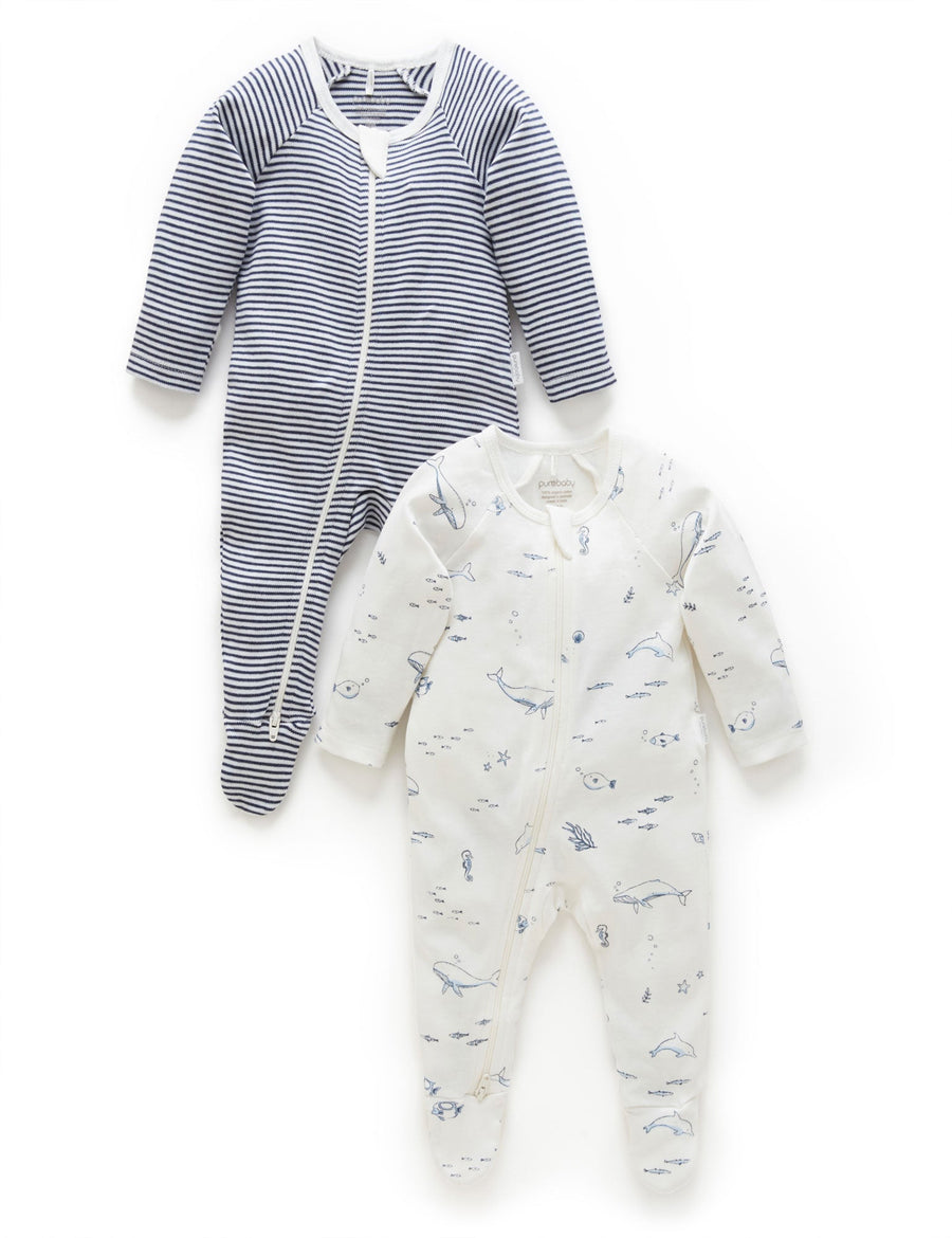 Purebaby 2 Pack Zip Growsuit in Vanilla Nautical Pack - official product photo 1