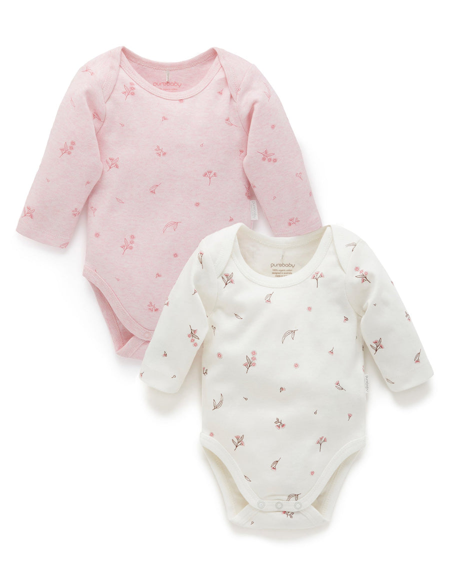 Purebaby Easy Neck Long Sleeve Bodysuit 2 Pack - Pale Pink Blossom