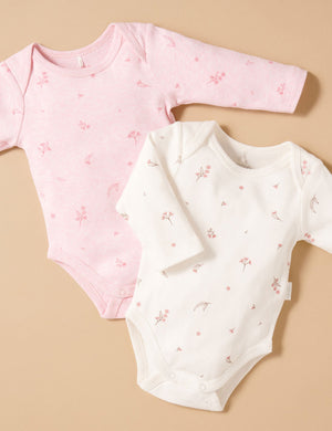 Purebaby Easy Neck Long Sleeve Bodysuit 2 Pack - Pale Pink Blossom