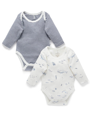 Purebaby Easy Neck Long Sleeve Bodysuit 2 Pack - Vanilla Nautical