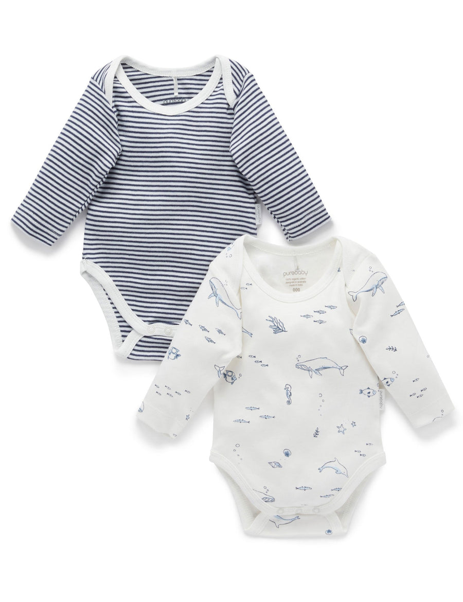 Purebaby Easy Neck Long Sleeve Bodysuit 2 Pack - Vanilla Nautical