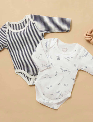 Purebaby Easy Neck Long Sleeve Bodysuit 2 Pack - Vanilla Nautical