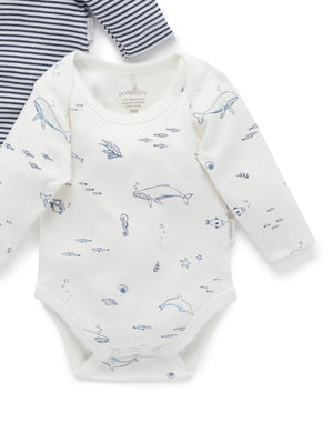 Purebaby Easy Neck Long Sleeve Bodysuit 2 Pack - Vanilla Nautical