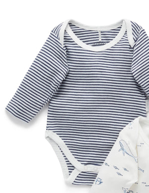 Purebaby Easy Neck Long Sleeve Bodysuit 2 Pack - Vanilla Nautical