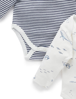 Purebaby Easy Neck Long Sleeve Bodysuit 2 Pack - Vanilla Nautical