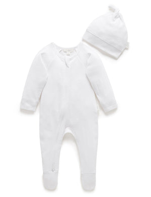 Purebaby Pointelle Growsuit and Hat Pack in White - official product photo 1