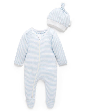 Purebaby Zip Growsuit & Hat Set - Pale Blue Melange Stripe