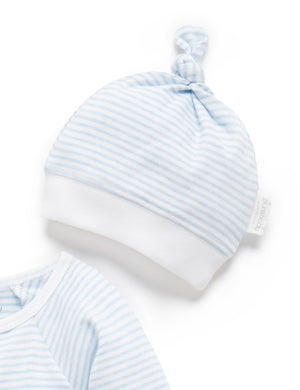 Purebaby Zip Growsuit & Hat Set - Pale Blue Melange Stripe, knot hat detail
