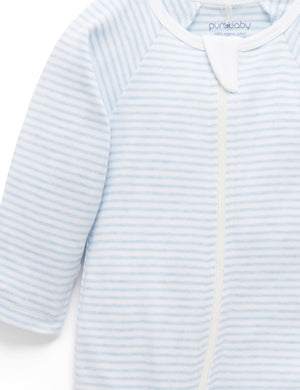 Purebaby Zip Growsuit & Hat Set - Pale Blue Melange Stripe, growsuit detail