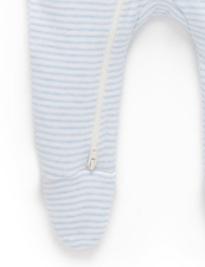 Purebaby Zip Growsuit & Hat Set - Pale Blue Melange Stripe, inbuilt foot detail