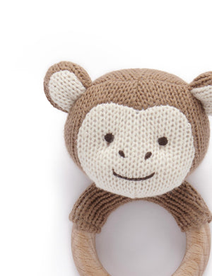 Purebaby Knitted Monkey Rattle - Coconut, beechwood ring detail