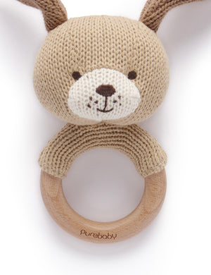 Purebaby Knitted Dog Rattle - Ginger, beechwood ring detail