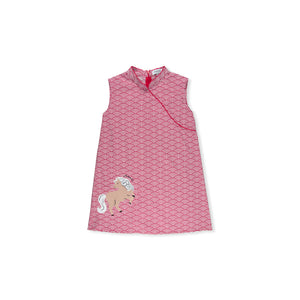 Maison Q Red Scallop Single Side Classic Cheongsam with embroidered horse