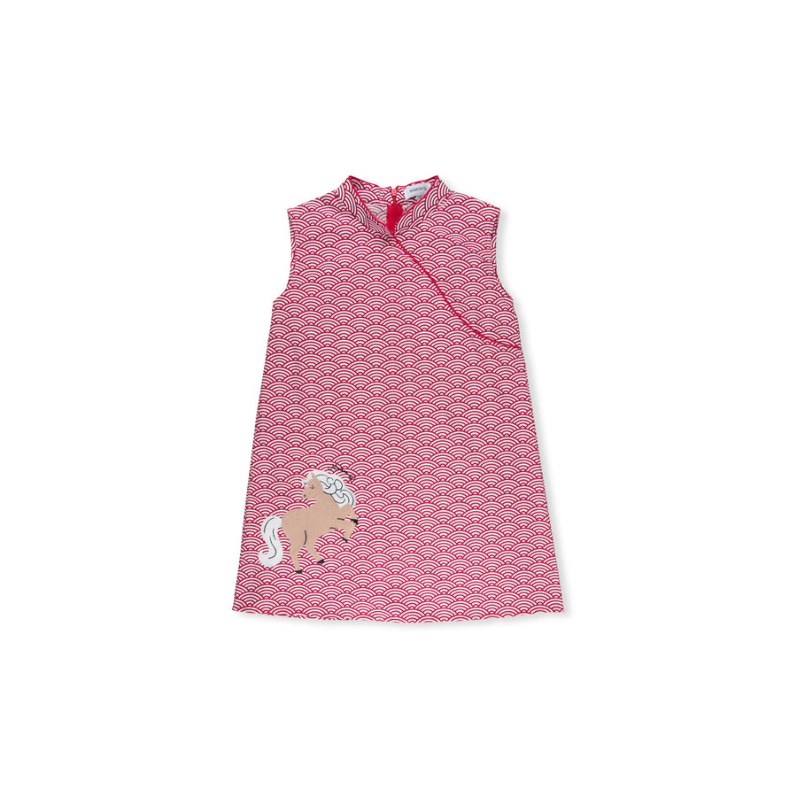 Maison Q Red Scallop Single Side Classic Cheongsam with embroidered horse