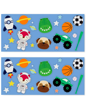 The two included sticker sheets for the blue Skip Hop canteen bottle