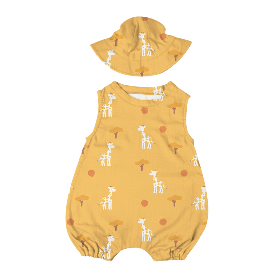Saeson Tencel Basic Jumpsuit Set in Giraffe print - sleeveless baby jumpsuit with matching sun hat, flat lay