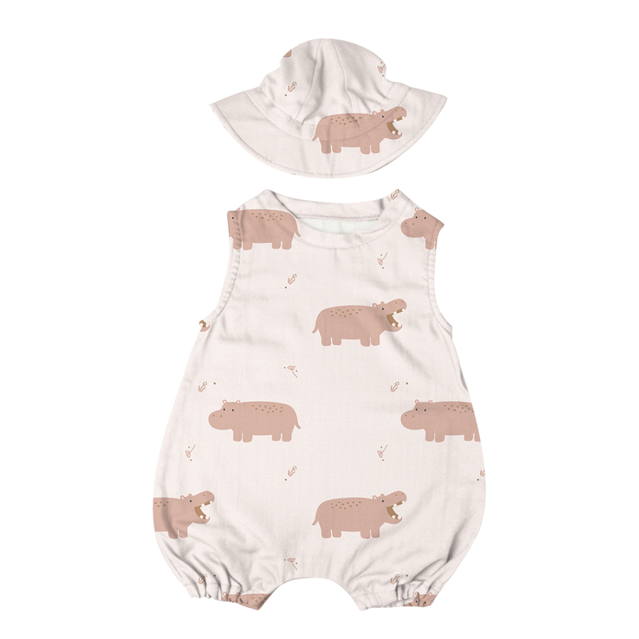 Saeson Tencel Basic Jumpsuit Set in Hippopotamus print - sleeveless baby jumpsuit with matching sun hat, flat lay