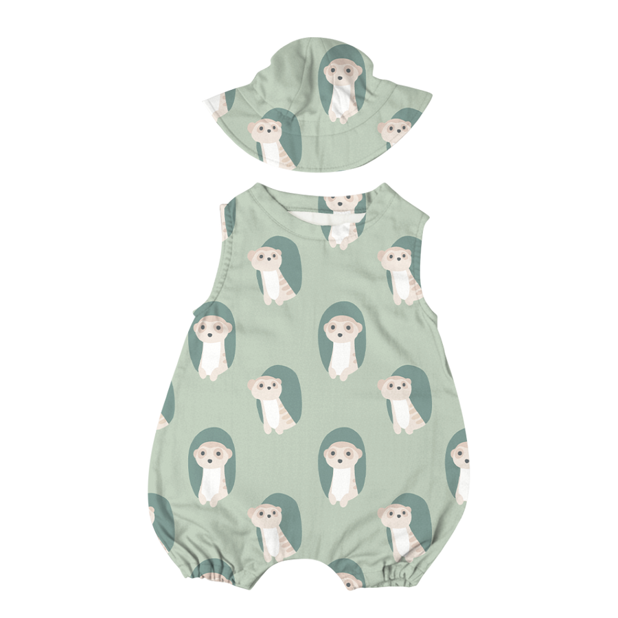 Saeson Tencel Basic Jumpsuit Set in Meerkat print - sleeveless baby jumpsuit with matching sun hat, flat lay