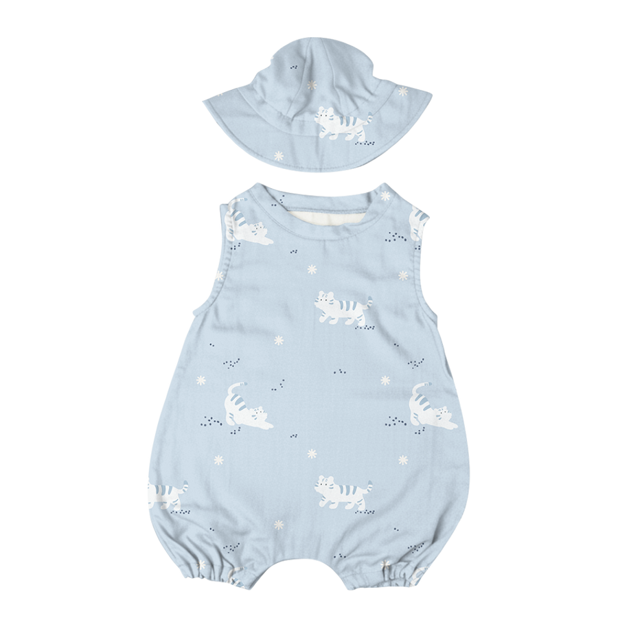 Saeson Tencel Basic Jumpsuit Set in White Tiger print - sleeveless baby jumpsuit with matching sun hat, flat lay