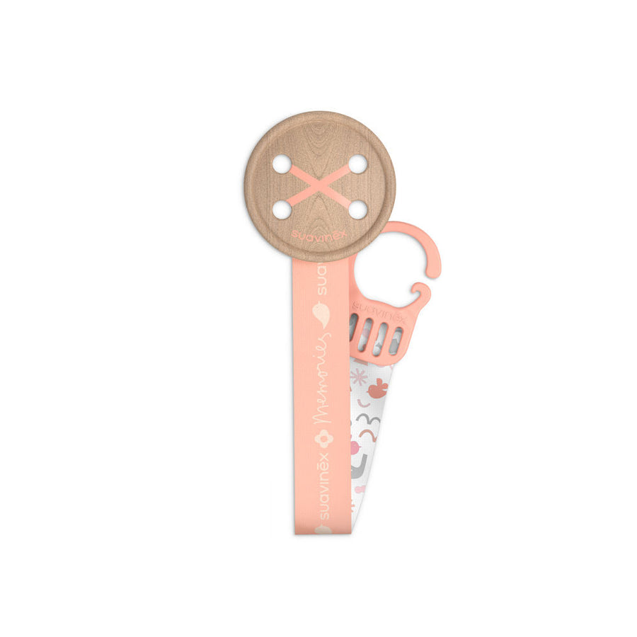 Suavinex Memories button soother clip with ribbon, pink