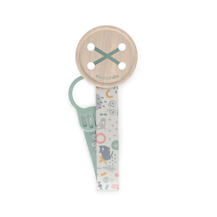 Suavinex A Walk In The Park button soother clip with ribbon, green