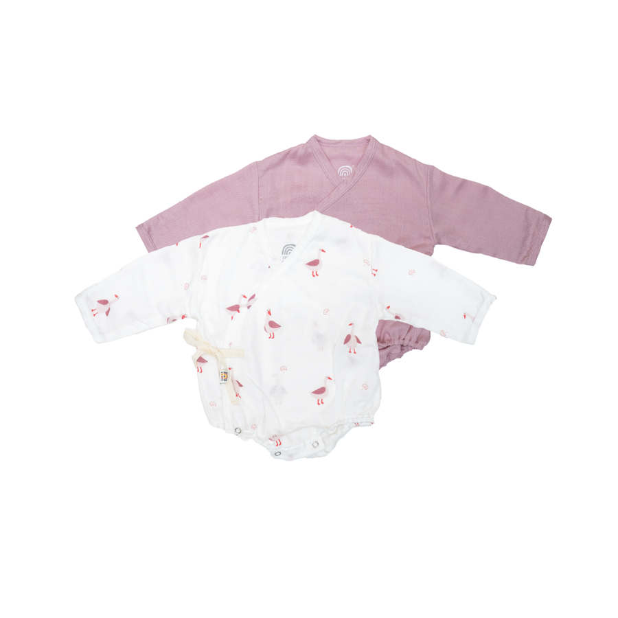 Saeson Baby Bodysuits Long Sleeve Set in Goose / Flamingo - two kimono-style baby bodysuits with fold-over mitten cuffs, flat lay
