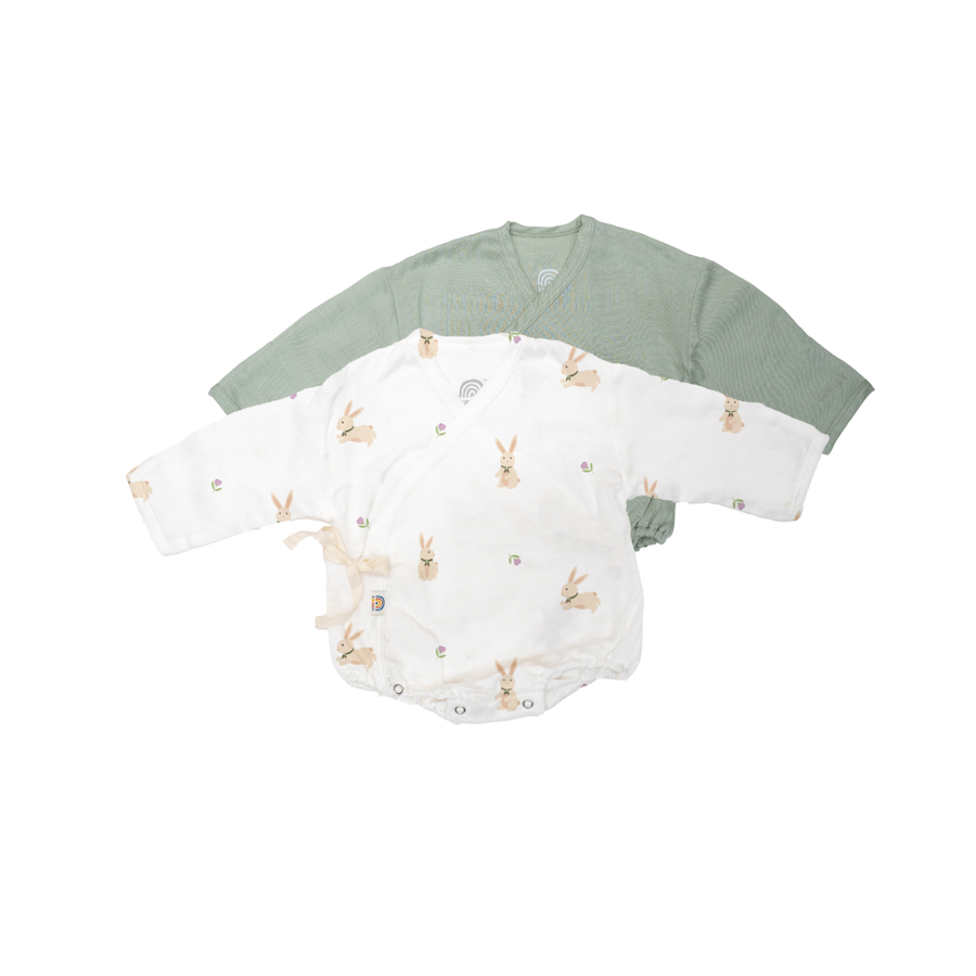 Saeson Baby Bodysuits Long Sleeve Set in Hare / Olive - two kimono-style baby bodysuits with fold-over mitten cuffs, flat lay