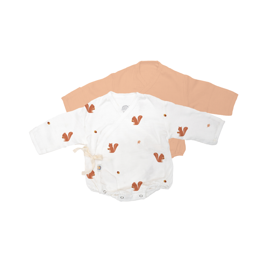 Saeson Baby Bodysuits Long Sleeve Set in Red Squirrel / Soft Peach - two kimono-style baby bodysuits with fold-over mitten cuffs, flat lay