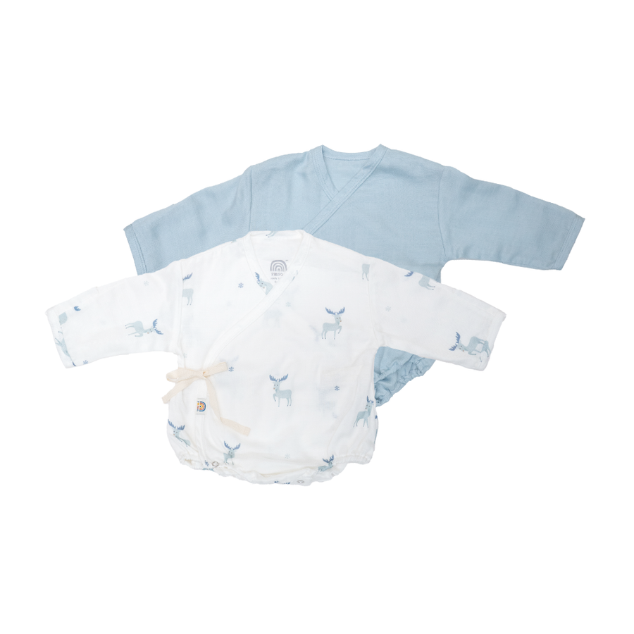Saeson Baby Bodysuits Long Sleeve Set in White Moose / Breezy Blue - two kimono-style baby bodysuits with fold-over mitten cuffs, flat lay