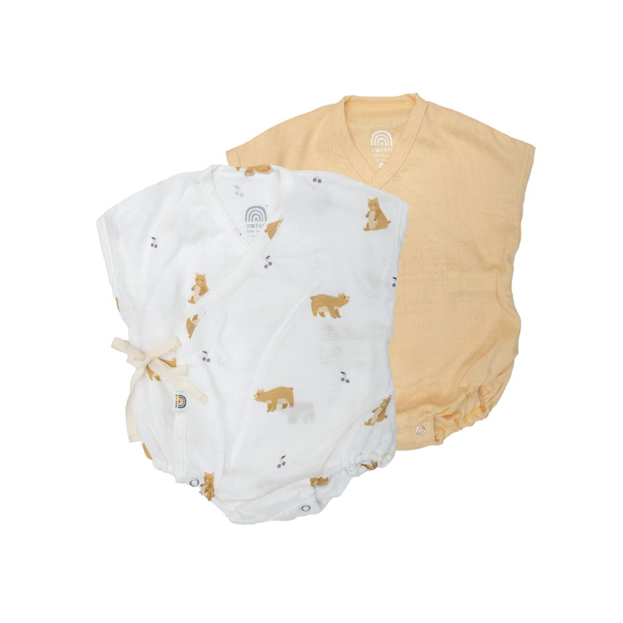 Saeson Baby Bodysuits Short Sleeve Set in Brown Bear / Warm Yellow - two kimono-style baby bodysuits, flat lay