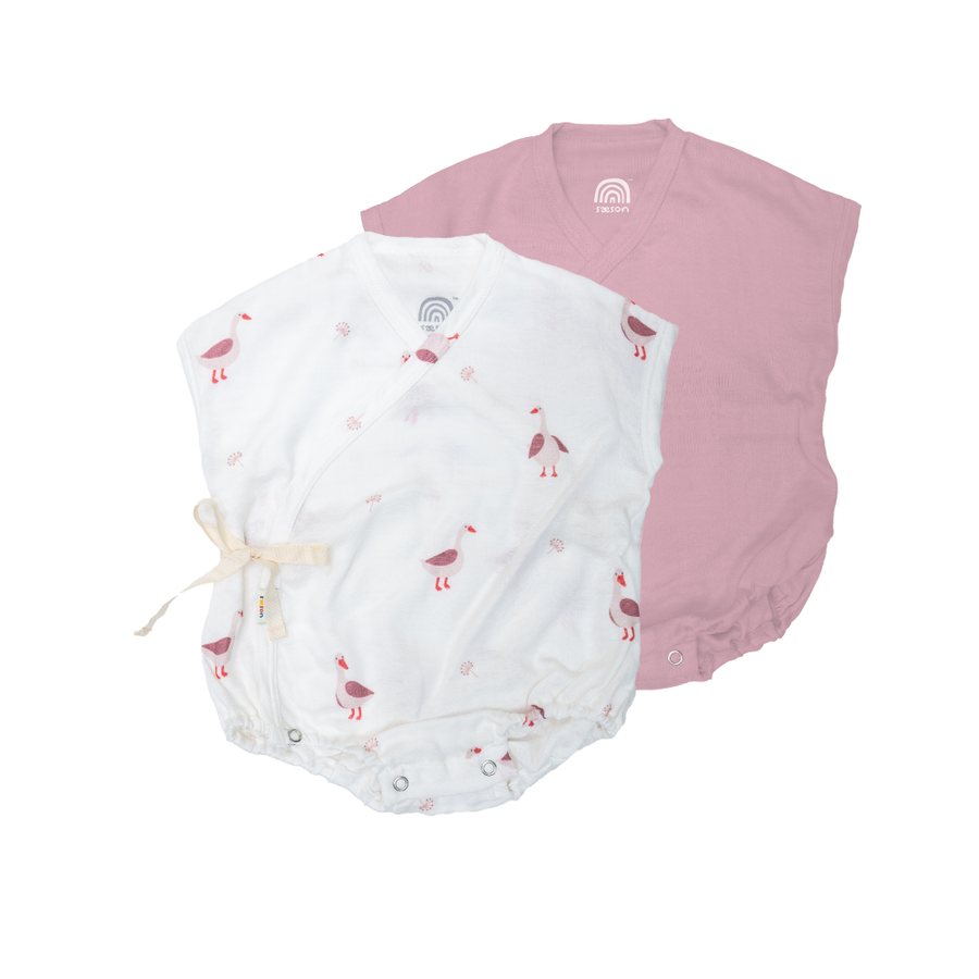 Saeson Baby Bodysuits Short Sleeve Set in Goose / Flamingo - two kimono-style baby bodysuits, flat lay