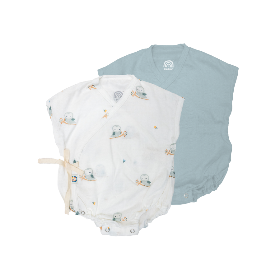 Saeson Baby Bodysuits Short Sleeve Set in Great Grey Owl / Blooming Green - two kimono-style baby bodysuits, flat lay
