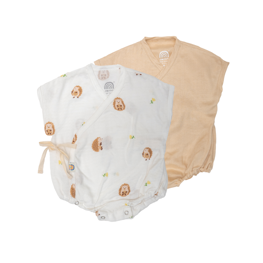 Saeson Baby Bodysuits Short Sleeve Set in Hedgehog / Beige - two kimono-style baby bodysuits, flat lay