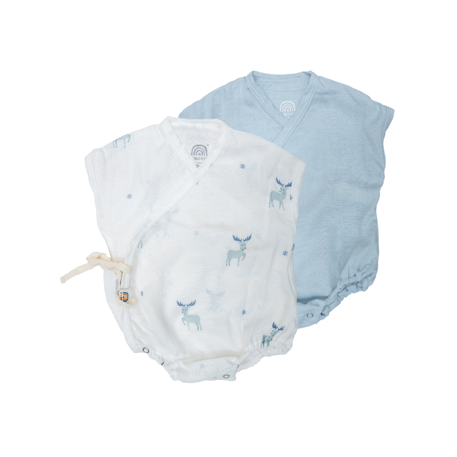 Saeson Baby Bodysuits Short Sleeve Set in White Moose / Breezy Blue - two kimono-style baby bodysuits, flat lay