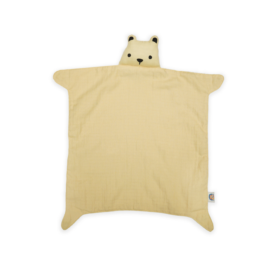 Saeson Baby Comforter in Brown Bear - muslin comforter with soft bear head, flat lay
