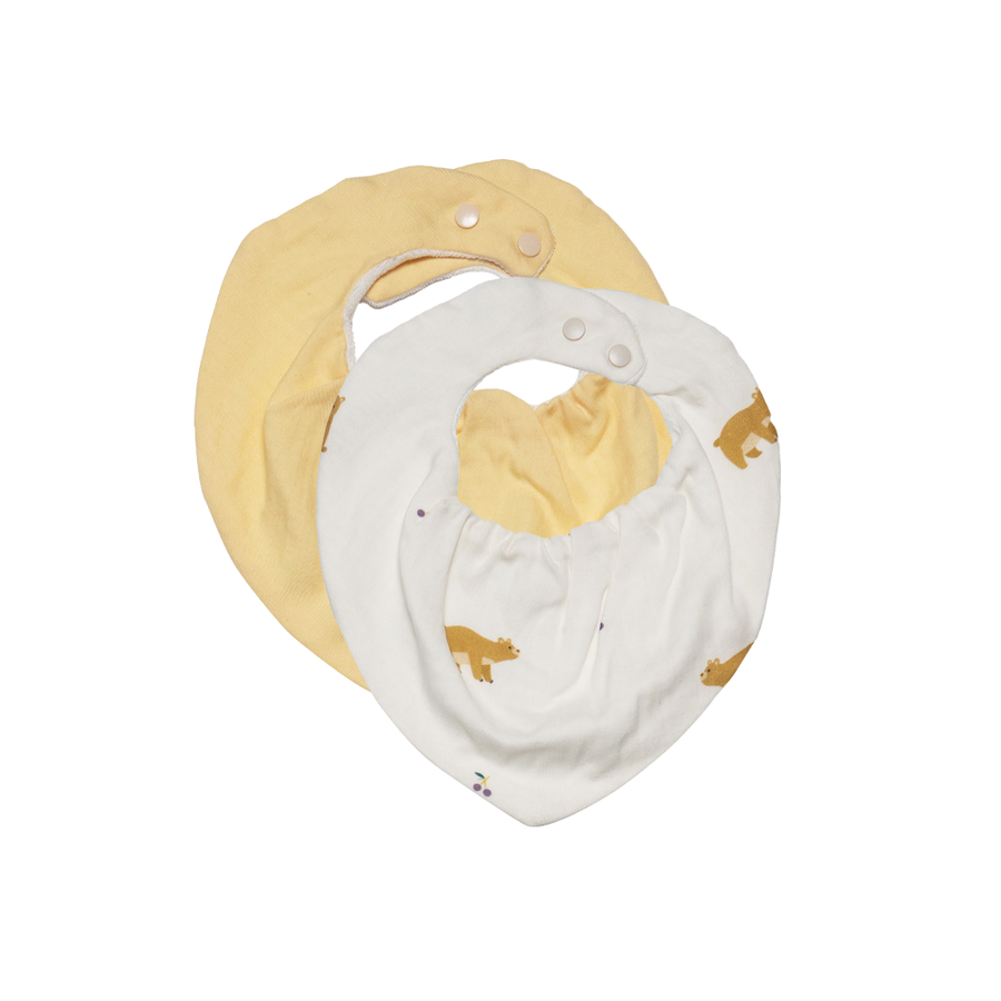 Saeson Tencel Bandana Bib two-pack in Brown Bear / Warm Yellow - baby kerchief bibs, flat lay