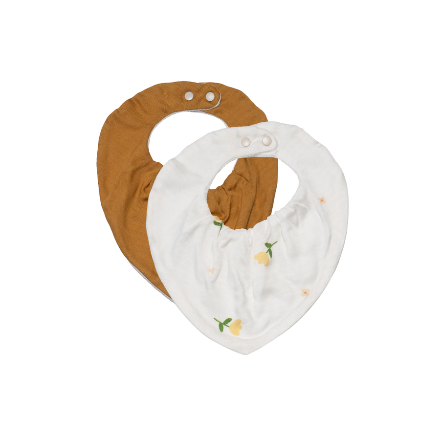 Saeson Tencel Bandana Bib two-pack in Daisy / Caramel - baby kerchief bibs, flat lay