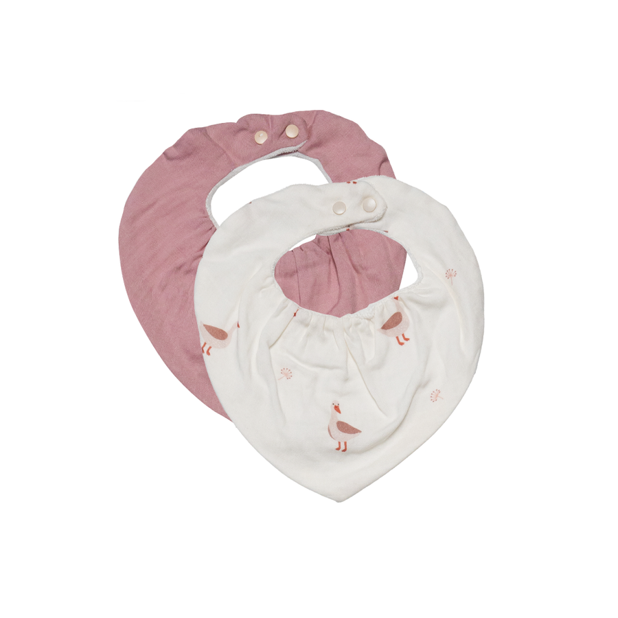 Saeson Tencel Bandana Bib two-pack in Goose / Flamingo - baby kerchief bibs, flat lay