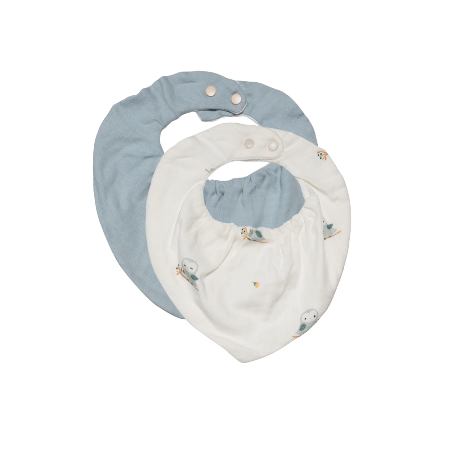 Saeson Tencel Bandana Bib two-pack in Great Grey Owl / Blooming Green - baby kerchief bibs, flat lay