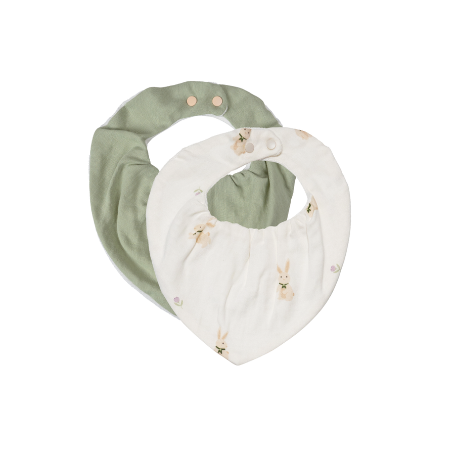 Saeson Tencel Bandana Bib two-pack in Hare / Olive - baby kerchief bibs, flat lay