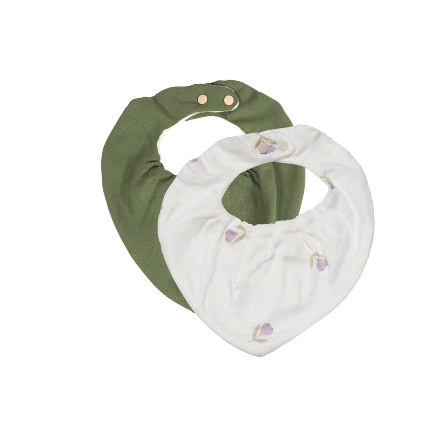 Saeson Tencel Bandana Bib two-pack in Lily of the Valley / Pine Green - baby kerchief bibs, flat lay