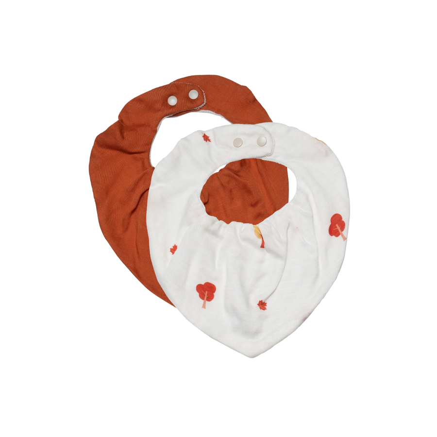 Saeson Tencel Bandana Bib two-pack in Maple / Autumn Brick - baby kerchief bibs, flat lay