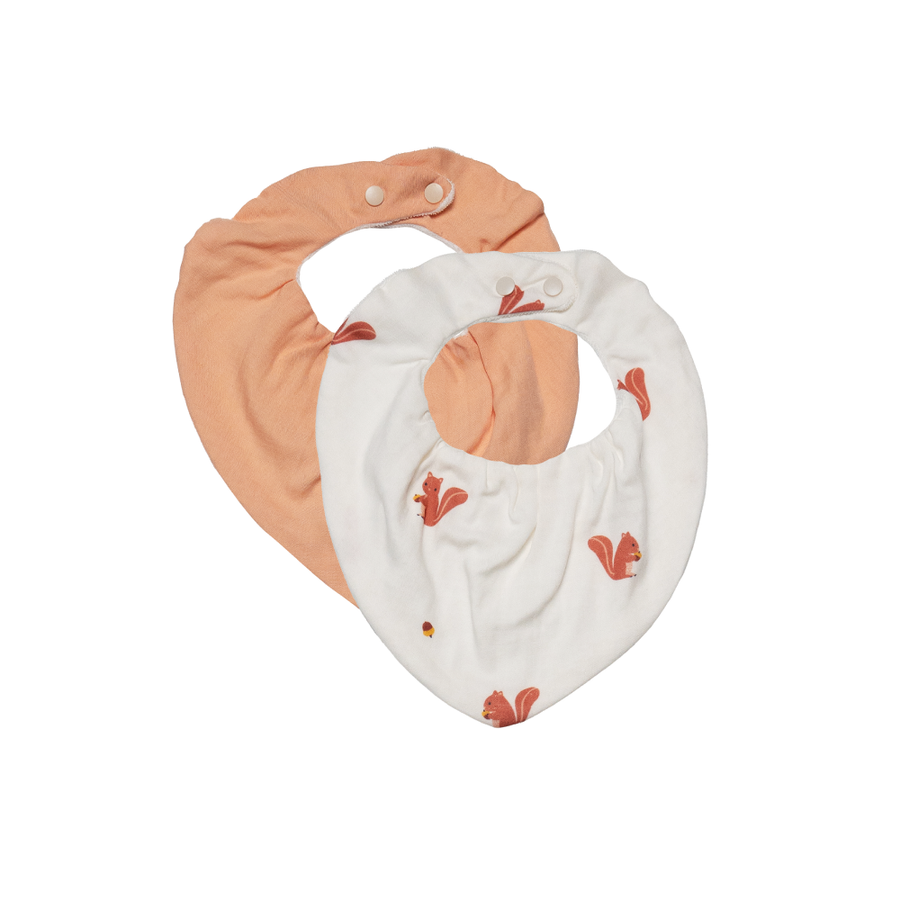 Saeson Tencel Bandana Bib two-pack in Red Squirrel / Soft Peach - baby kerchief bibs, flat lay