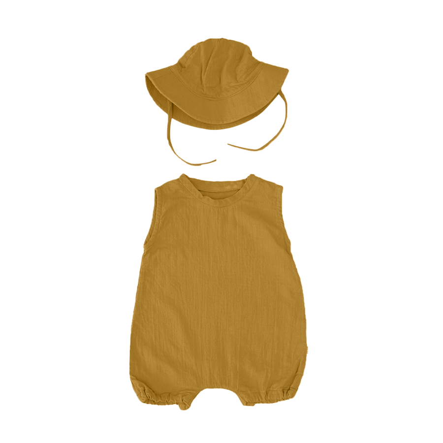 Saeson Tencel Basic Jumpsuit Set in Caramel - sleeveless baby jumpsuit with matching sun hat, flat lay