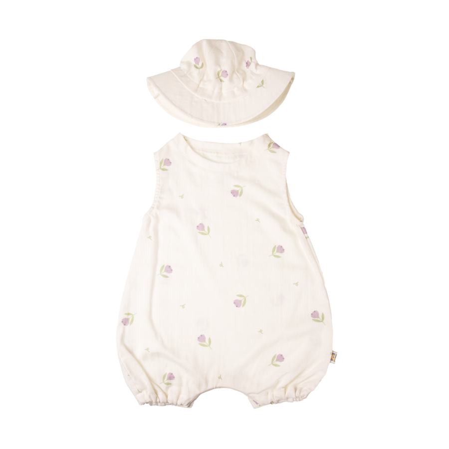 Saeson Tencel Basic Jumpsuit Set in Lily of the Valley print - sleeveless baby jumpsuit with matching sun hat, flat lay