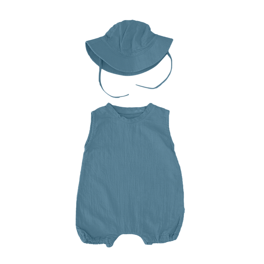 Saeson Tencel Basic Jumpsuit Set in Ocean Blue - sleeveless baby jumpsuit with matching sun hat, flat lay