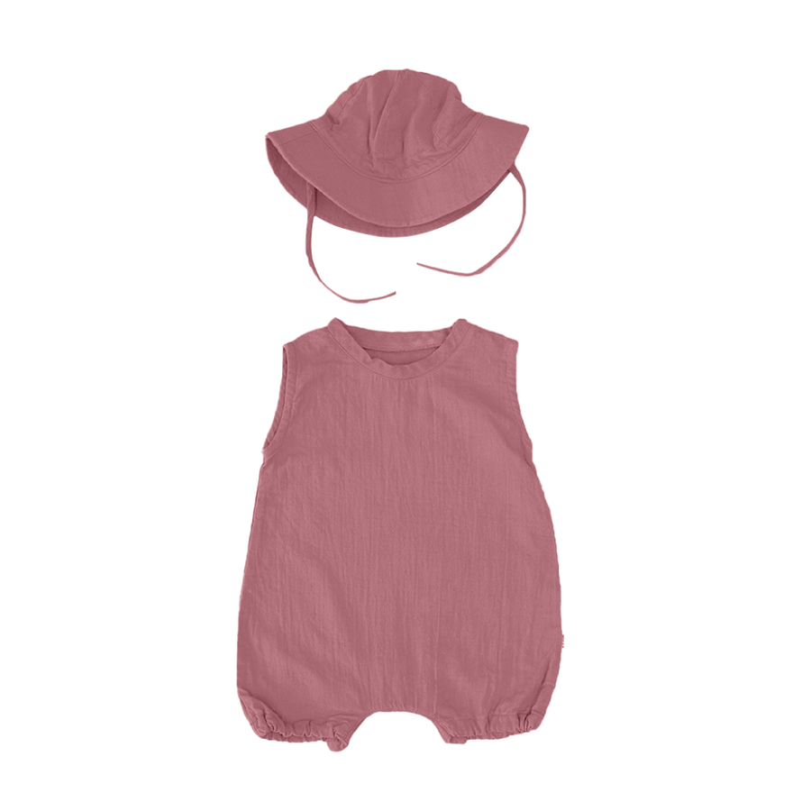 Saeson Tencel Basic Jumpsuit Set in Rose Wood - sleeveless baby jumpsuit with matching sun hat, flat lay